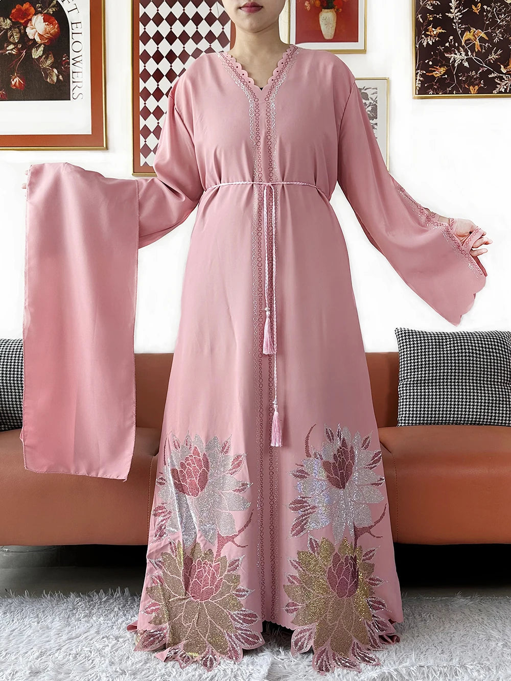 Chiffon Diamond Long Sleeve Abaya Dress