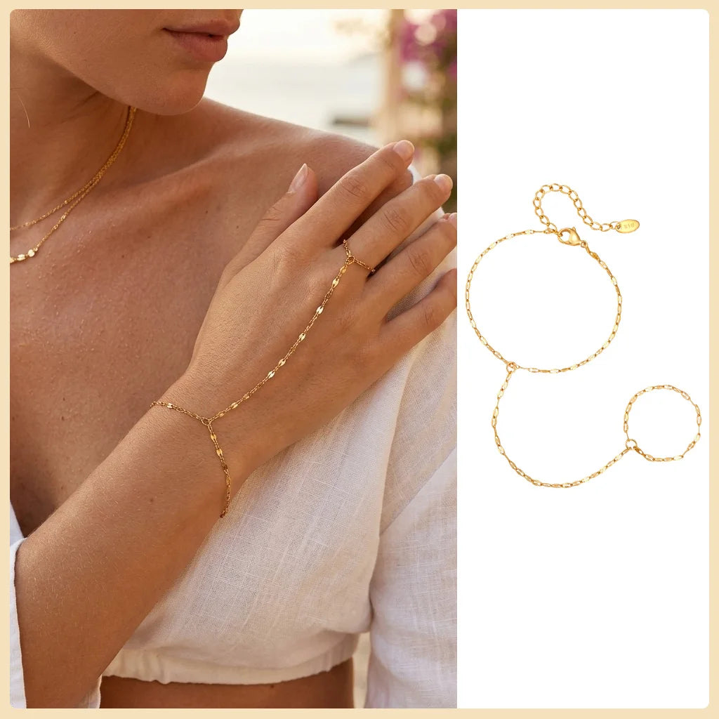 Gold Double Layer Hand Chain Ring Bracelet