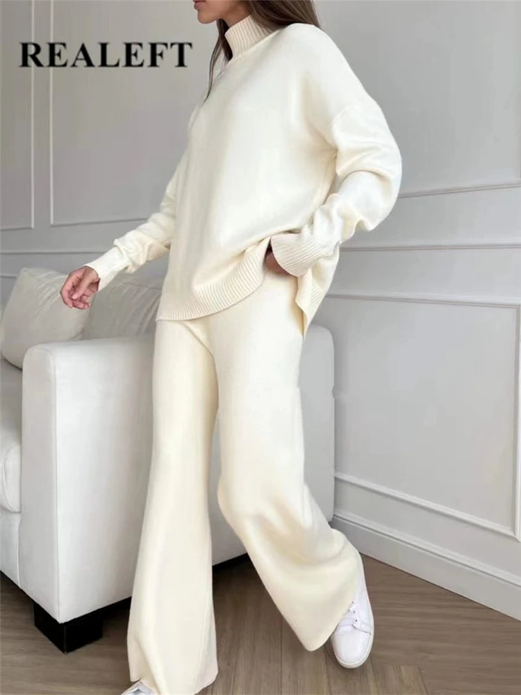 Women's Knit 2-Piece Set – High-Waist Wide-Leg Pants